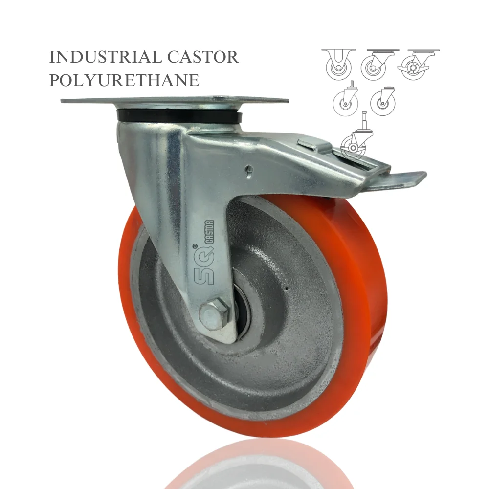 SQ castor  OEM   Industrial Cast Iron PU Castor Wheel Caster  Swivel Top Plate Polyurethane Wheel Ball Bearings Rigid Brake