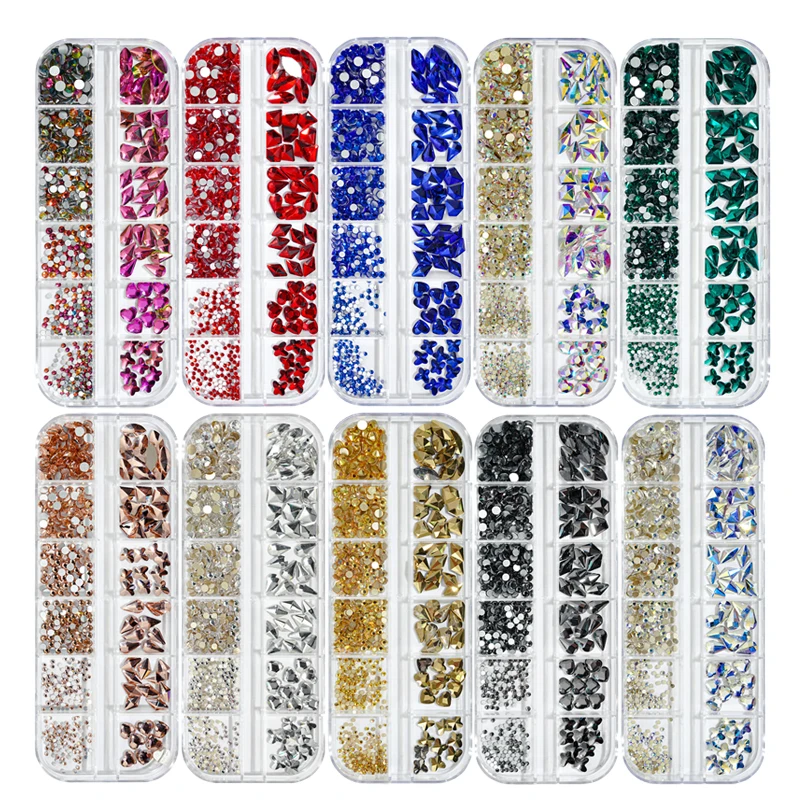 3D Nail Art Rhinestones Crystal Stone Rhinestones Box Nail Art Set Gems Bulk Flat Back Shiny Nail Jewels