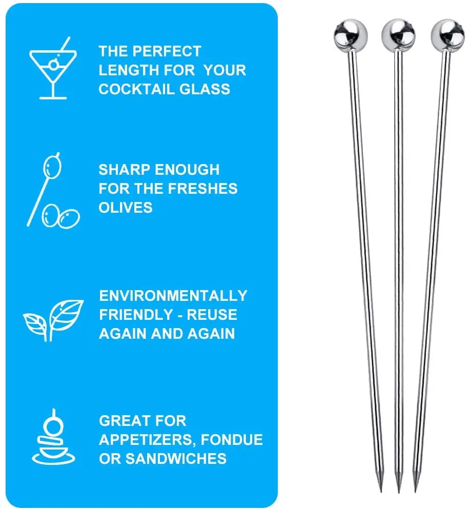Stainless Steel Cocktail Picks for Drinks Fruit, Metal Martini eusable Cocktail Skewers for Olives Appetizers Fruit