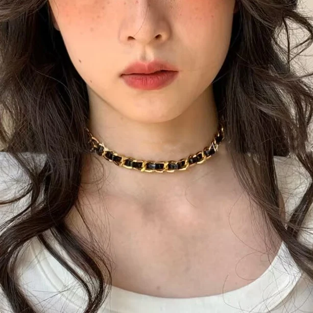 Handmade leather wrapped chain choker necklace for women jewelry