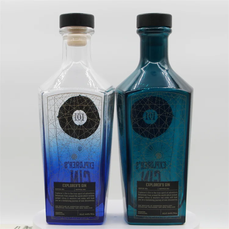 Luxury Custom square Blue Empty Whiskey Liquor Vodka Spirit Brandy Bottle 700ml with Cork