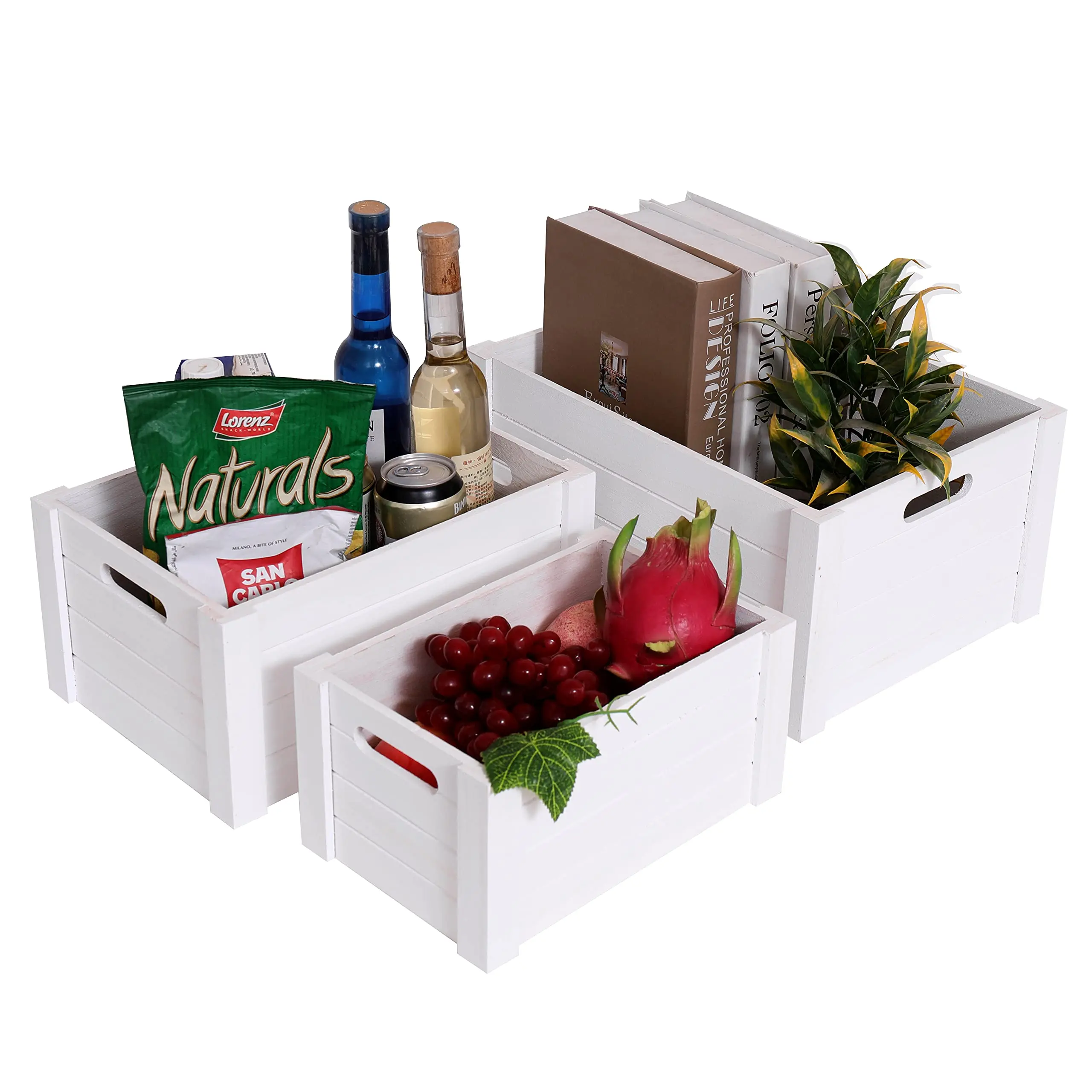 Set 3 Extra Large Modern White Wooden Storage Crates Rustic Decorative Boxes Handmade Natural Solid Wood Nesting Organizers Home