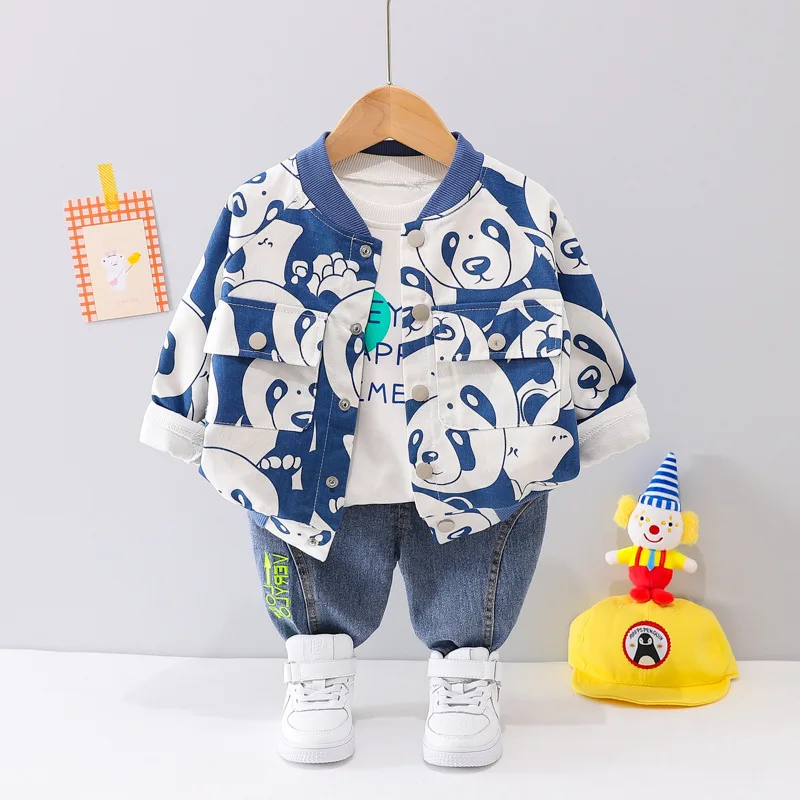 Children Cotton Wear Suits Boys Cartoon Print Panda T-shirt Pants 3Pcs Spring Autumn Sport Clothes
