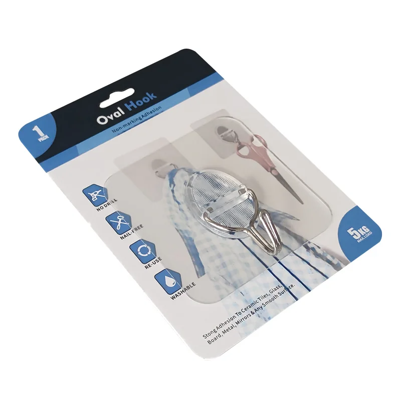 Strong Self-Adhesive Plastic Wall Decorative Hooks 7.8*7.8 Blister Card Pack Creative Door Hangers for Clothing Use