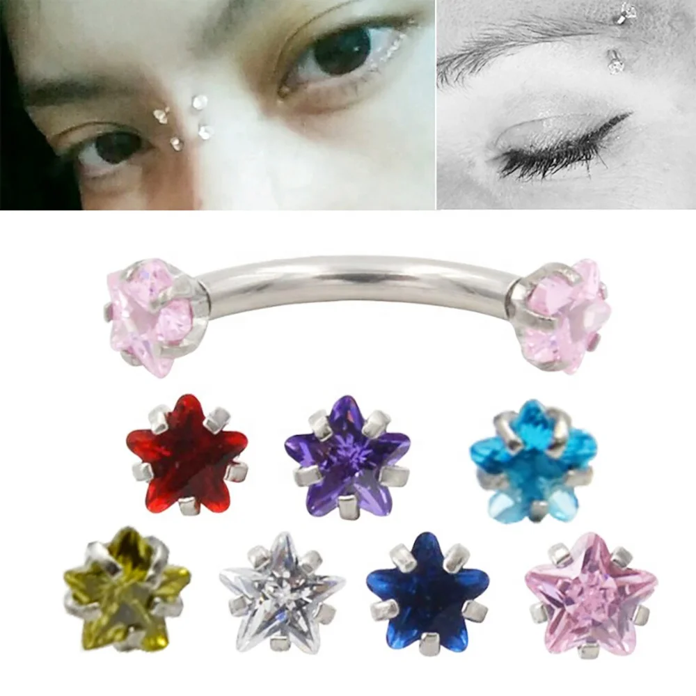 Surgical Steel Eyebrow Barbell Piercing Curved Star Cubic Zirconia Labret Lip Daith Helix Rook Earring  Wholesale