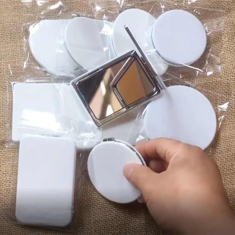 Print Your LOGO White Color Blank Double Sides Round Square Heart Mirror PU Leather Portable Little Pocket Mirror
