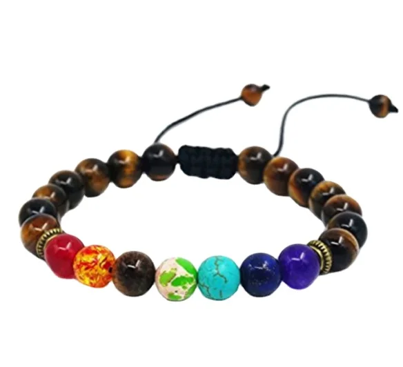 Seven Chakra Energy Stone Hand String Green Gold Stone Tiger Eye Adjustable Woven Yoga Wheel Bracelet String Beads