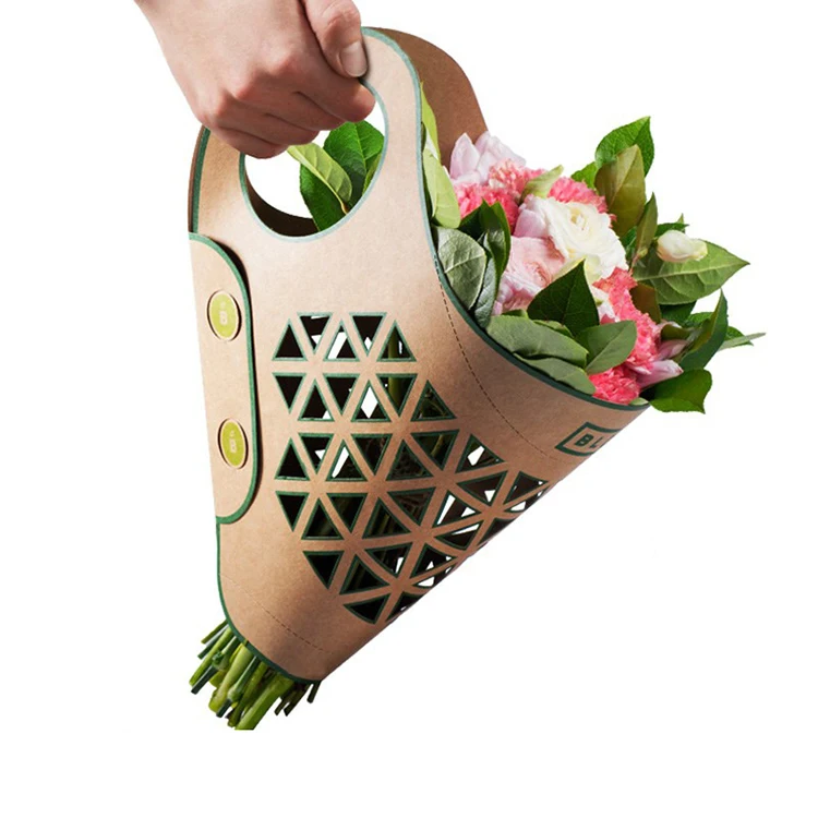 Brown Kraft Paper Flower Carrying Bag For Fresh Cut Flowers Makeup Bouquet