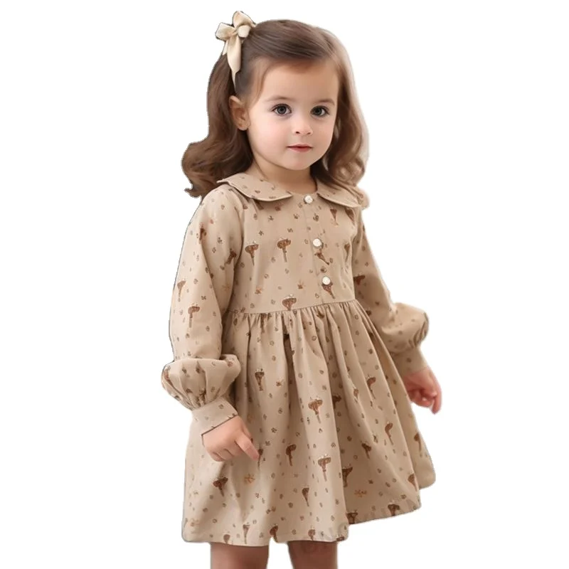 Spring New Long Sleeve Kid Dress Cotton Fawn Dot Baby Girl Dress
