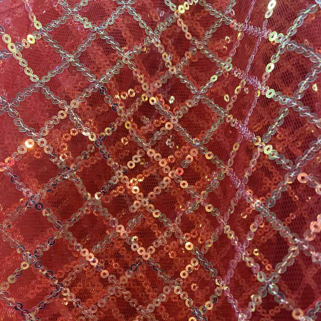 Wholesale Bridal Gown Wedding Party Dress Cloth 3mm Iridescent Sequin Plaid Tulle Lace Crochet Fishnet Fabric