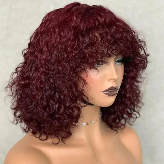 Glueless Brazilian Short Bob Wig With Bangs, Bang Luxury Curly Wig, Cheap Curly Human Hair Bang Wig Non Lace Human Hair Wigs