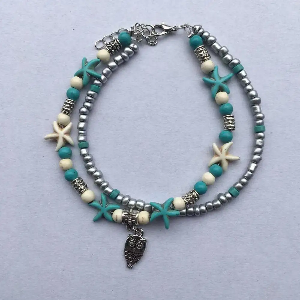 Starfish Multilayer Charm Anklet Beads Sea Handmade Boho Elephant Tree of Life Anklet Foot Jewelry for Women