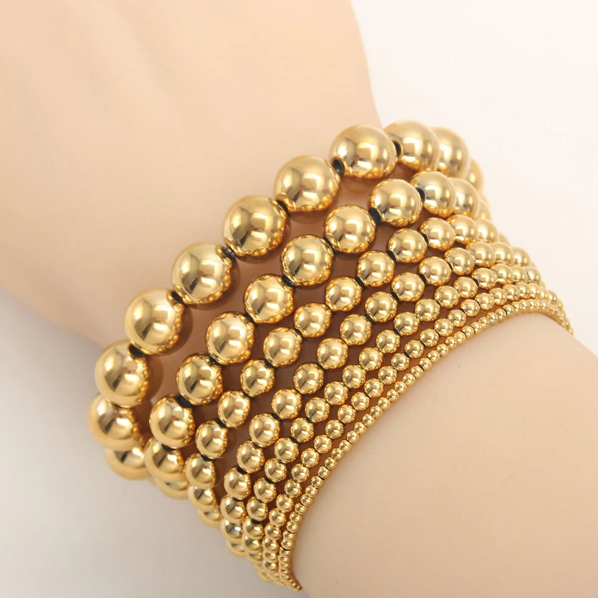 New Fashion Gold Plated Ball Bracelets Diameter 2-10mm Smooth Stainless Steel Bead Elastic Bracelet bijoux en acier inoxydable