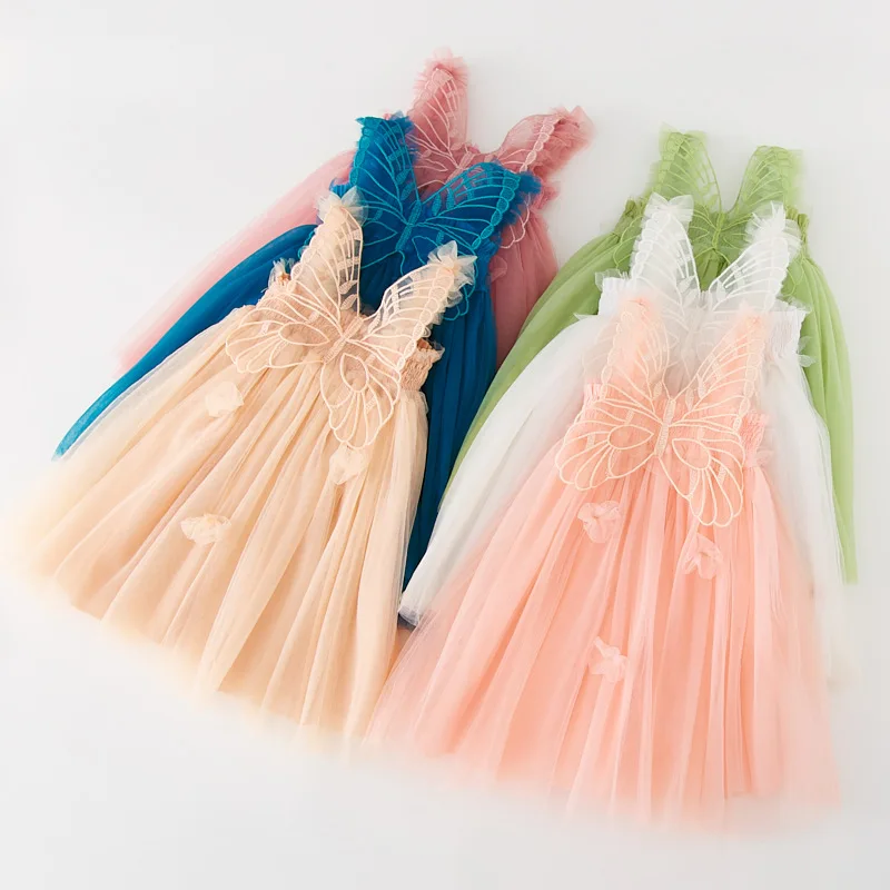 Summer Girl Kawaii Angel Wing Fairy Puffy Dress Toddler Kid New Mesh Sling Princess Dress for Girls Birthday Party Dresses