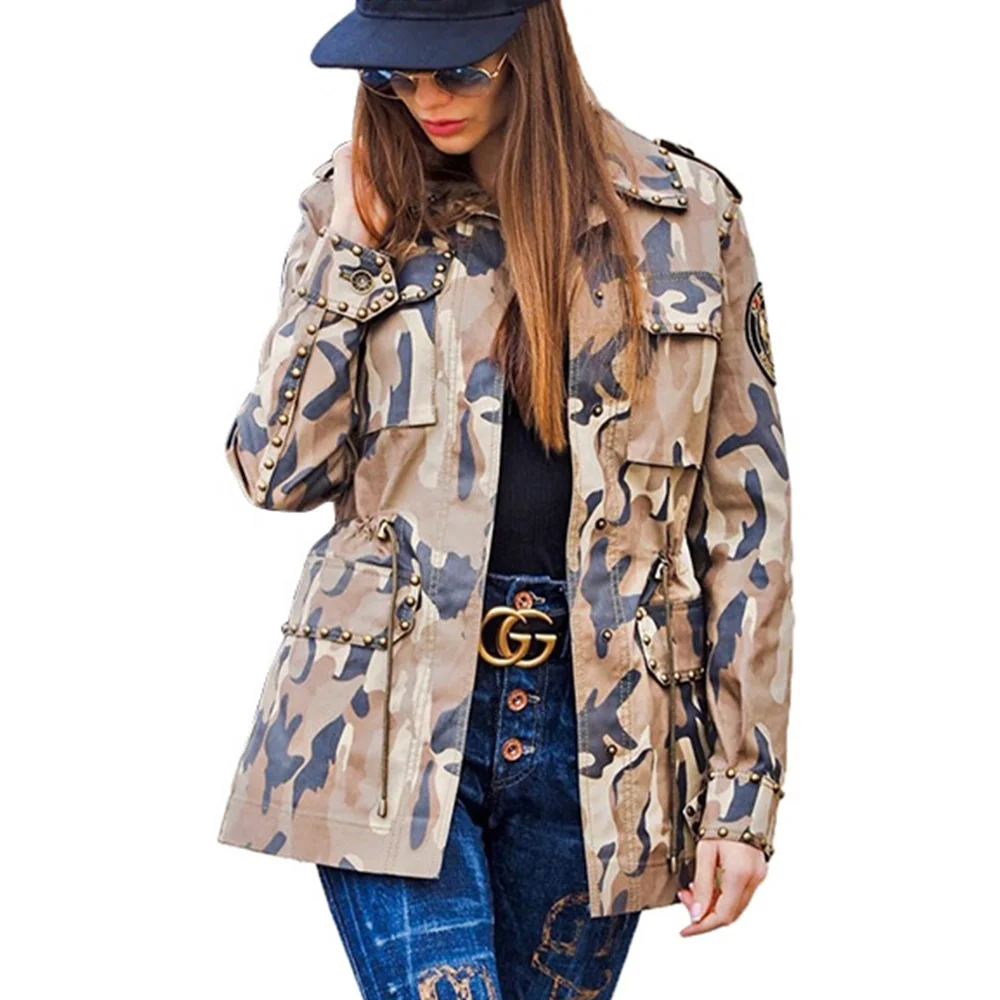 Women Fashion Military Camouflage Printed BF Coat Casual Overcoat Lightweight Studded Camo Jacket