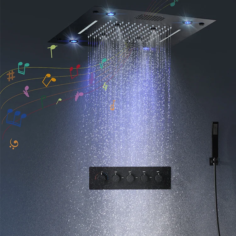 Bathroom Accessories 304 Stainless Steel Spraying Matte Black Brass Ceiling Head Music Colorful Led Light Shower
