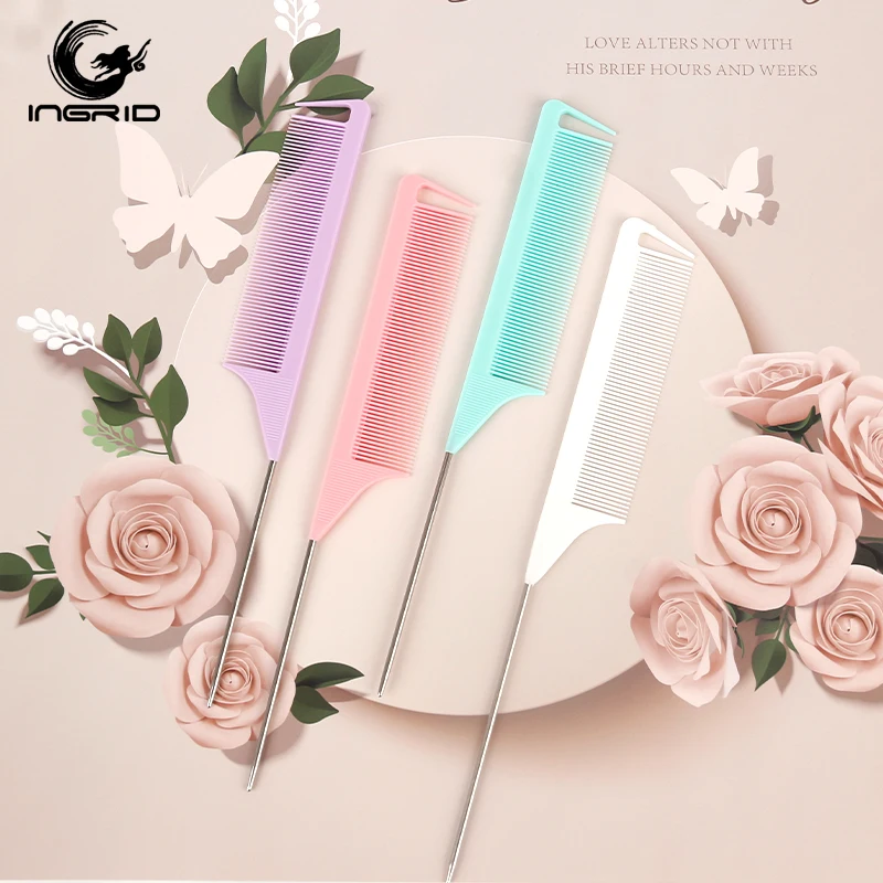 Private Label Pink Hair Tinting Parting Comb Salon Styling Rat Tail Carbon Tooth Comb For Women Plastic Handle Tail Comb