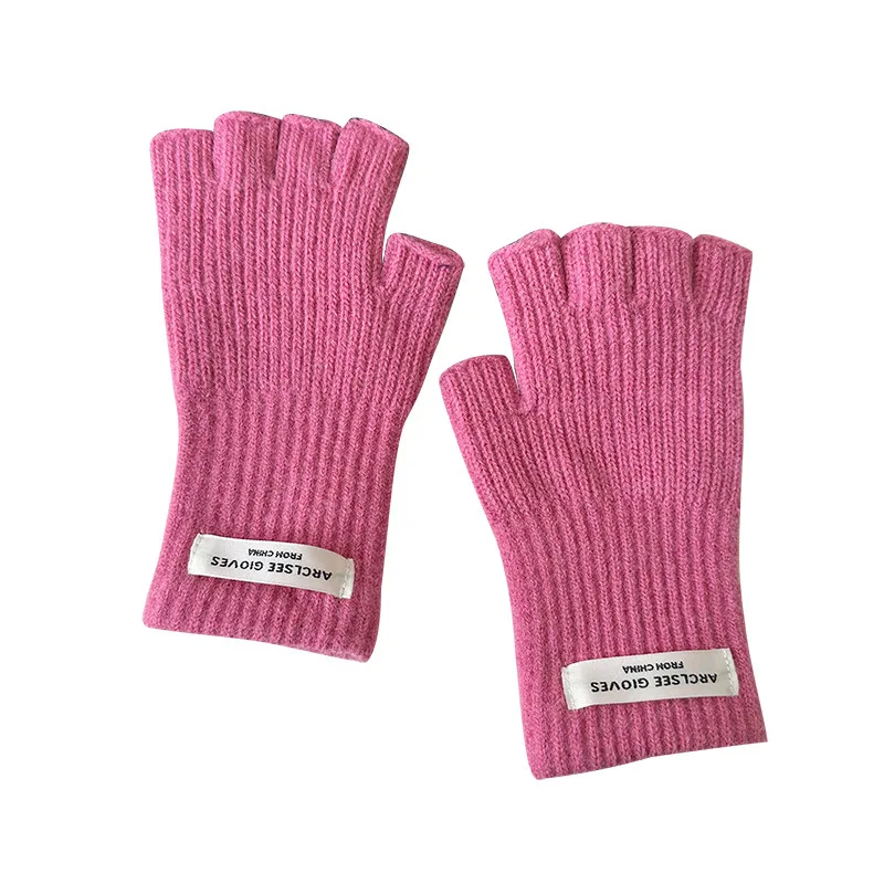 Touch Screen Solid Color Wool Knitted Gloves Korean Version Label Half Finger Hand Gloves Harajuku Style Warm Winter Gloves