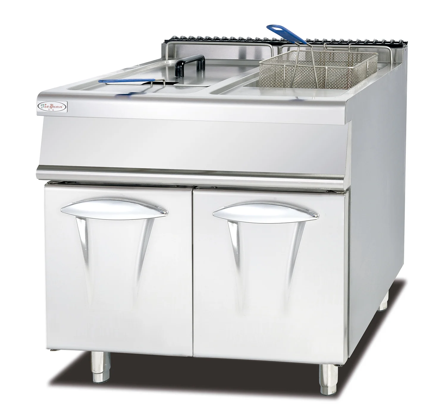 Free Standing 2 tanks 2 baskets Commercial LPG Gas thermostat controlled deep fryer with cabinet
