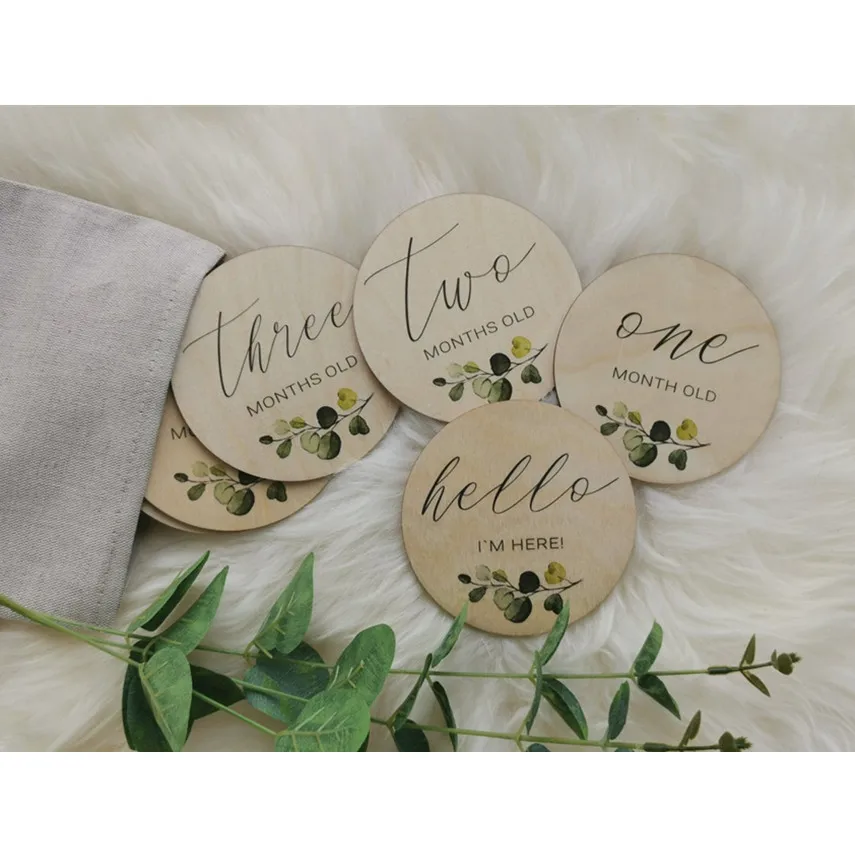 
personlized custom botanical wooden sign baby monthly milestone cards discs set newborn props photography shower gifts 