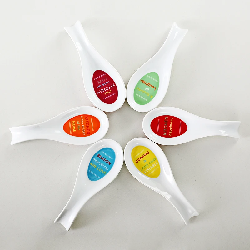 China factory custom super white porcelain printed decal ceramic BBQ dish spoon rest holder in bulk with long handle