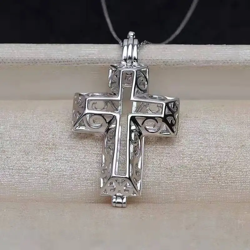 Carved cross shape jewelry making accessories 925 sterling silver pearl cages