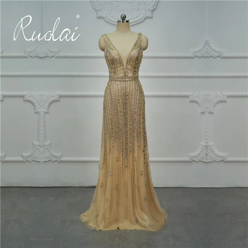 OEV-L4248 Dubai Luxury Evening Dresses Long  V Neck Backless Prom Dresses Handmade Bead Pearls Evening Gown