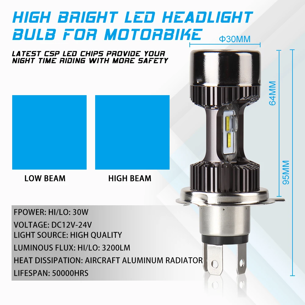 M8 H4 LED Motorcycle Headlight Bulbs H4 Hi-Lo 3200LM 6000K 30W scooter  Motorbike Headlamp Lighting Electric Car Lights
