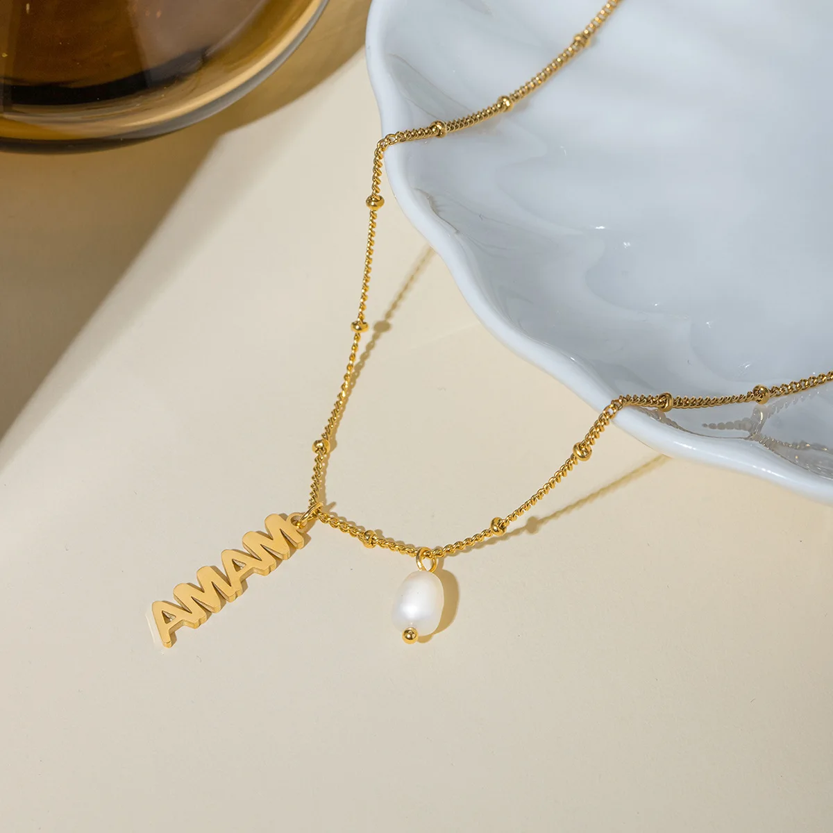 INS Anti Tarnish Minimalist Jewelry Mama Necklace Gold Plated Stainless Steel Waterproof Accessories Dainty Pearl Mama Necklace