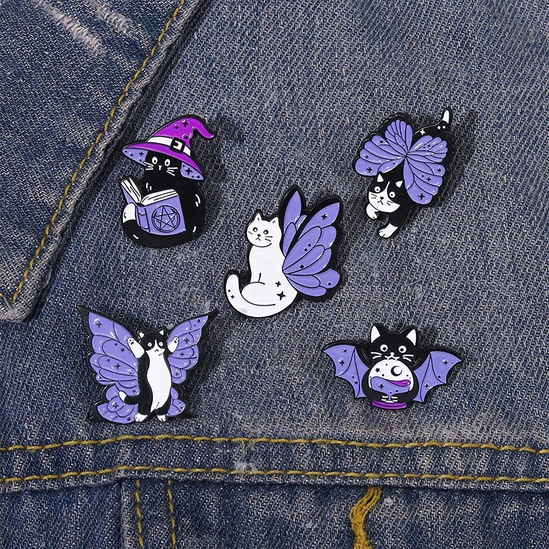 Personality Design Halloween Gift Butterfly Cat Sorcerer Divination Metal Enamel Pin