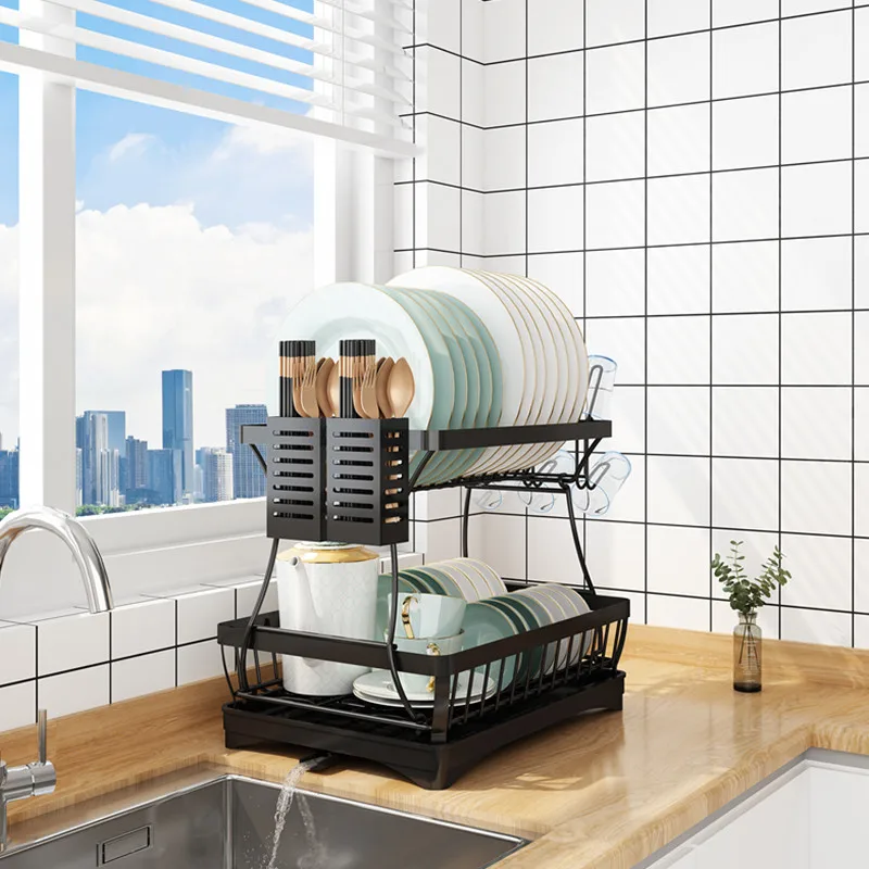 2 tier dish drying rack for kitchen counter metal dish drainers rack with drainboard large dish dryer with utensil holder