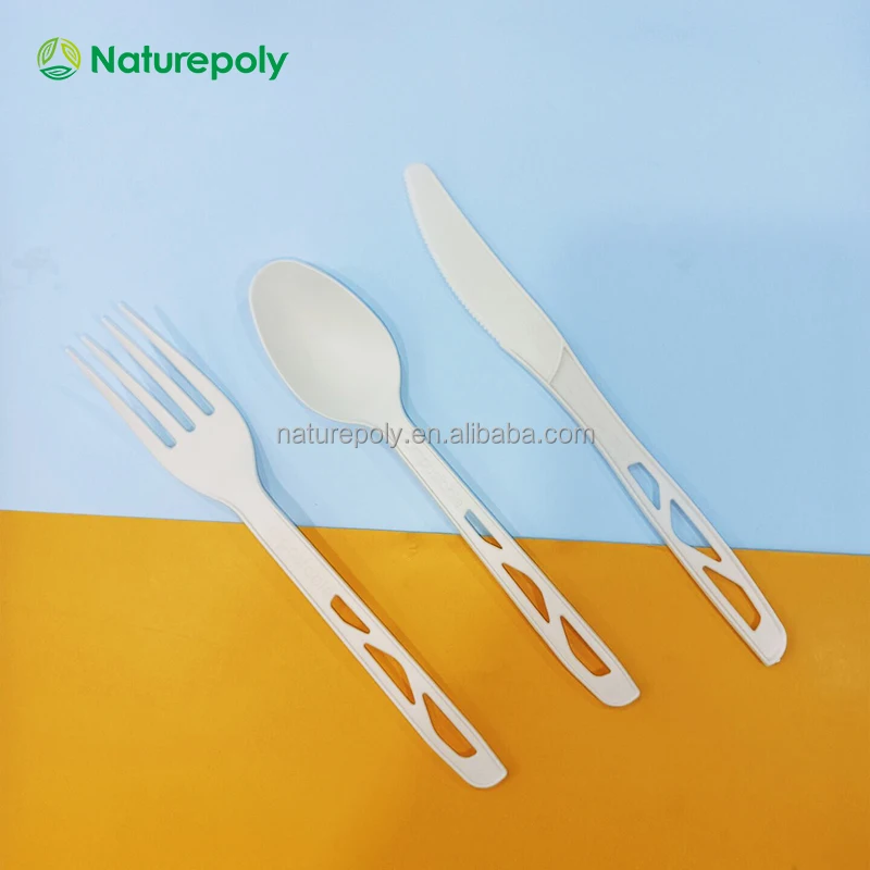 Wholesales 7 inch Disposable Biodegradable Plastic CPLA Cornstarch Corn Starch Fork Knife Set Flatware Sets compostable spoon