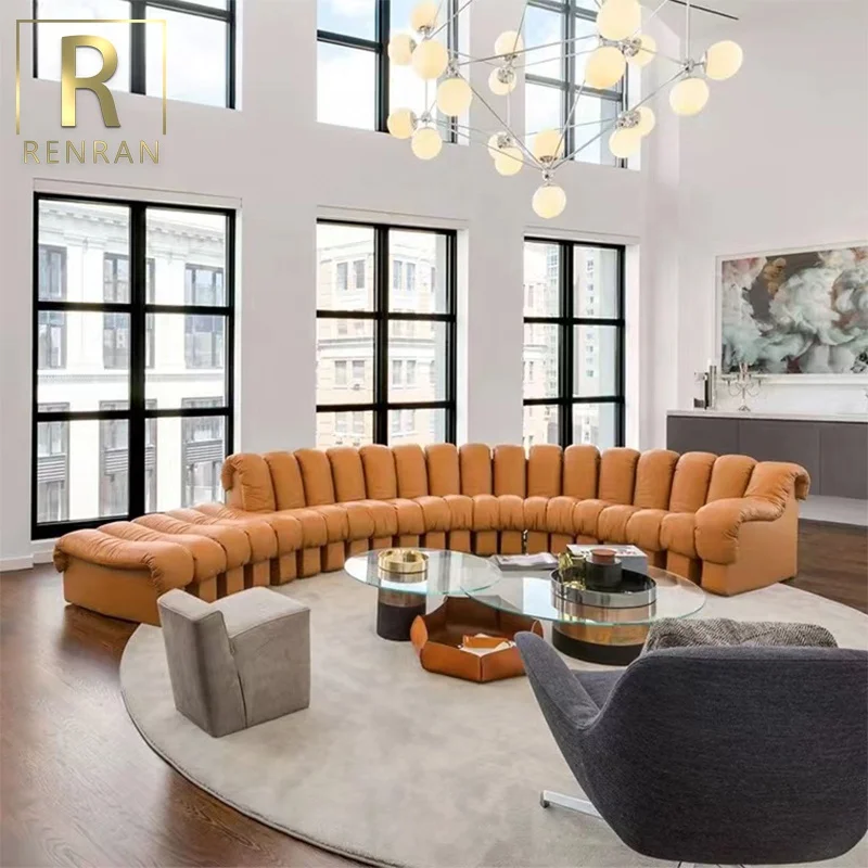 The latest Italian design piano sofa Villa living room sofas snake-shaped arc-shaped module combination leather luxury sofa set