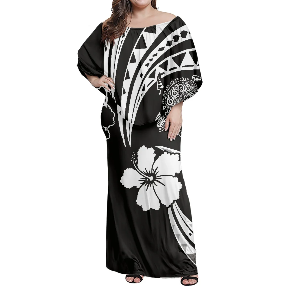MOQ 1 Custom Low Price Dresses Hawaii Flower Polynesian Tribal Printed Wedding Dress Off Shoulder Wedding Dress