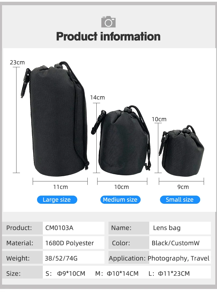 OEM ODM Waterproof Shockproof Portable 1680D Polyester DSLR Camera Lens Storage Case Lens Bag Pouch Bag
