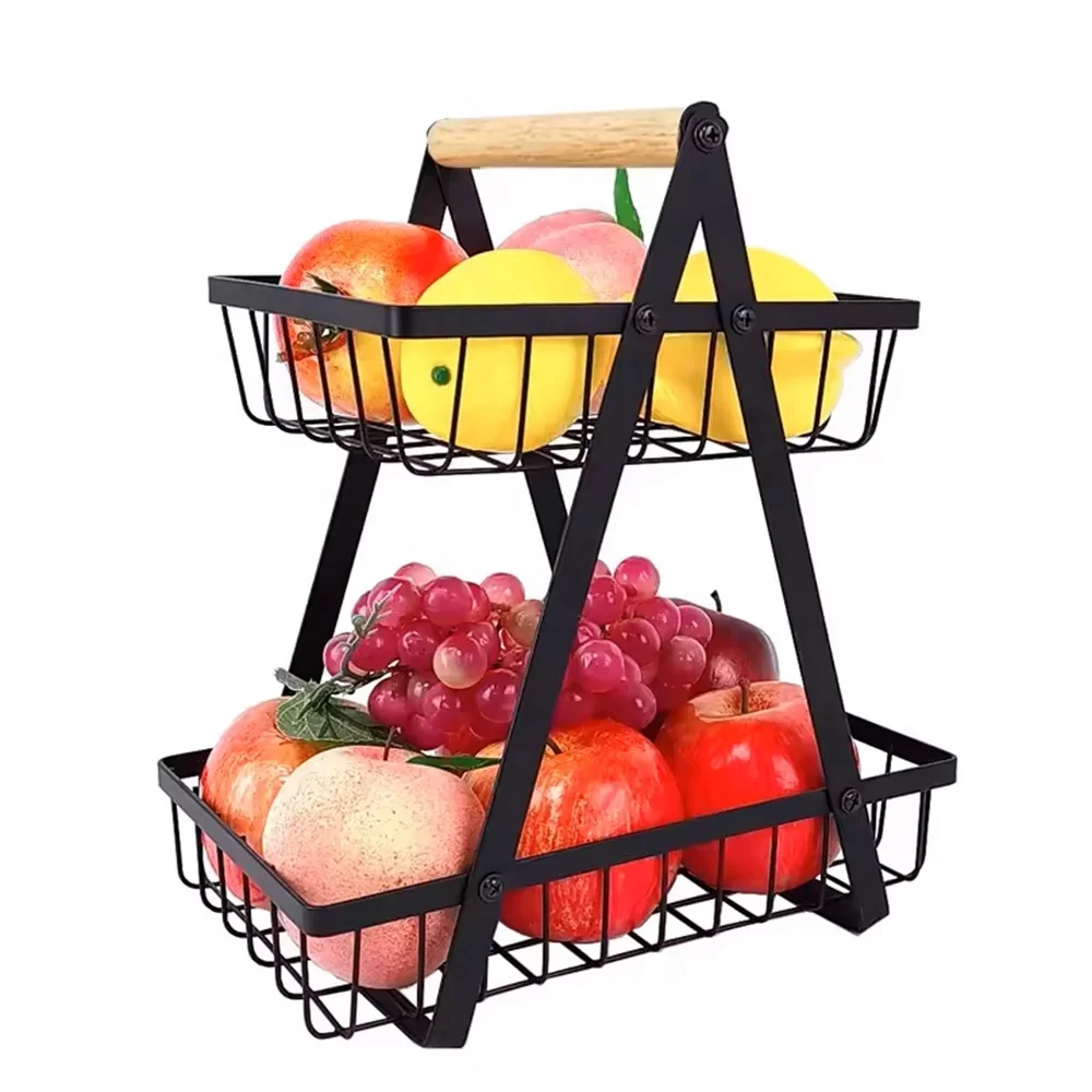 Foryoudecor metal 2 tier fruit basket with handle new 2024 for kitchen metal storage wire mesh fruit basket home kitchen