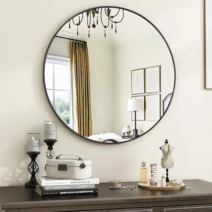 Modern Large Silver Decorative Wall Mirror Black Metal Anniversary Framed Glass for Closet RM Iron Glass Hanging Wall Mirror