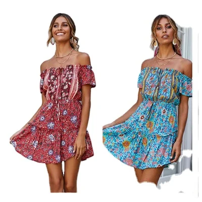 Hot Sale New dress Off shoulder Summer Floral Printed Beach Bohemian dress