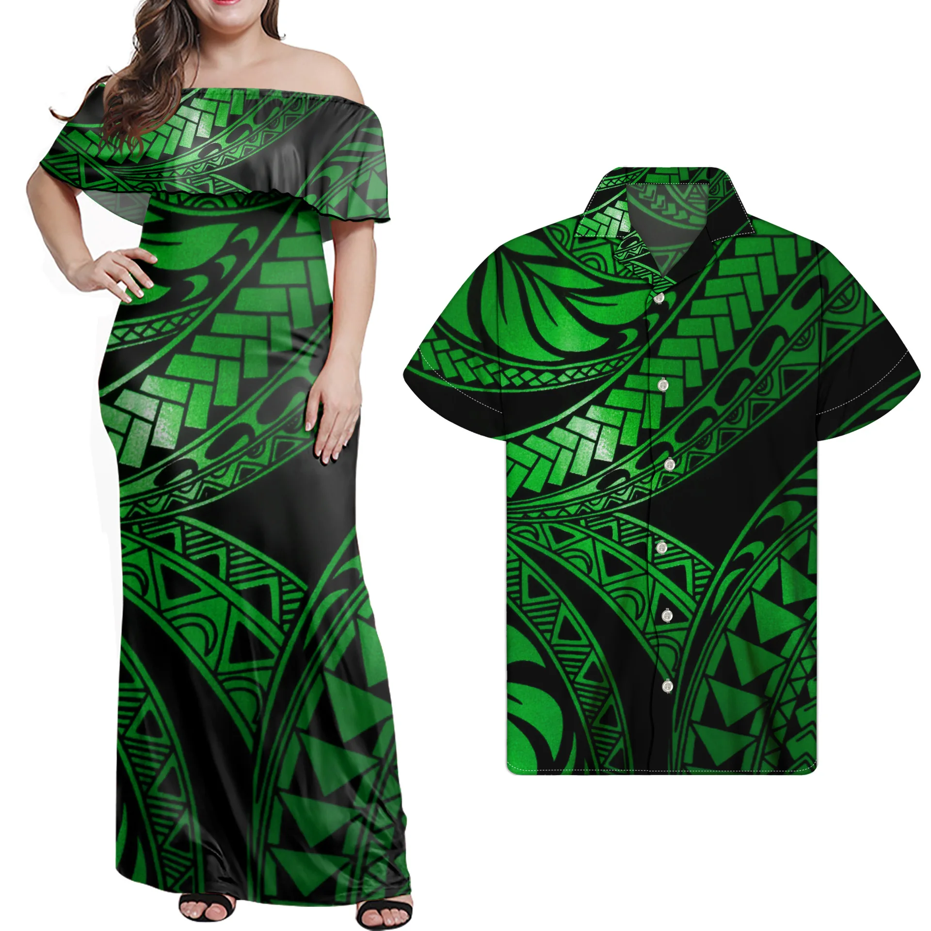 2025 Custom New Samoan Puletasi Clothing Matching Men and Women Samoa Vintage Art Maxi Dress Polynesian Dress Couple Set