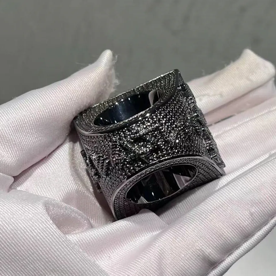 Custom Heavy S925 Sterling Silver Iced Out Black Hip Hop Moissanite Men Ring