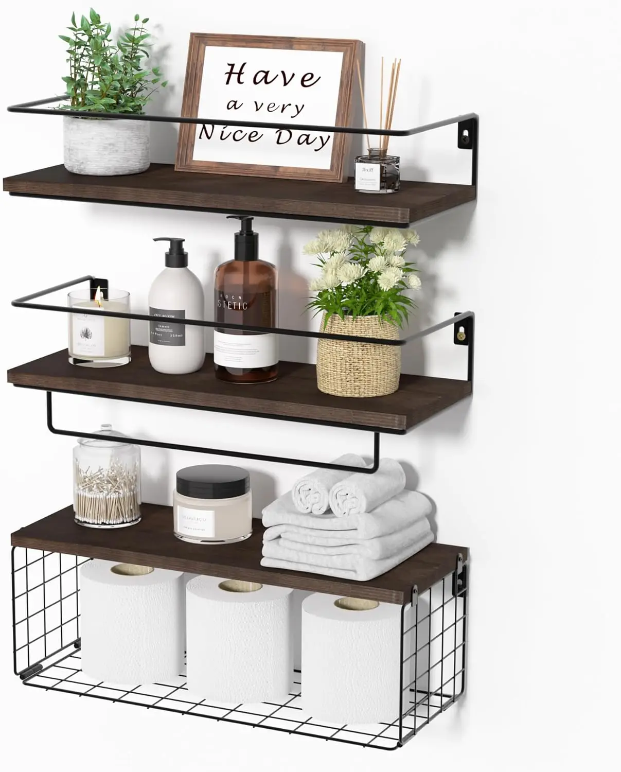 Farmhouse Wood Floating Shelf for Bedroom Shelves with Storage Basket Wall Shelves Over Toilet with Towel Bar and Paper Holder