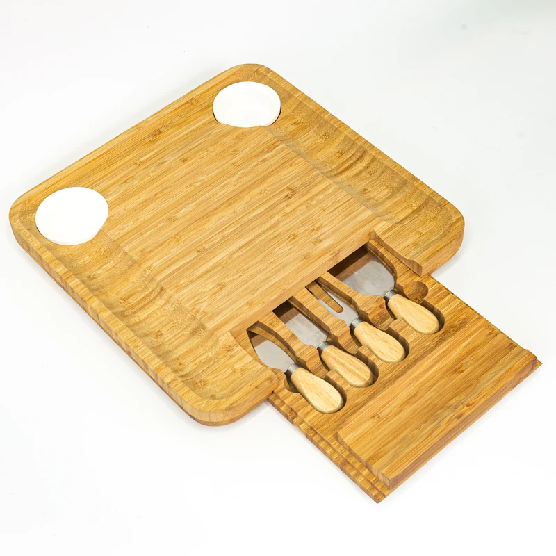 Free Eco-friendly Exquisite Charcuterie Chopping Block  with Cutlery Knife Set Slide Bamboo Cheese Board