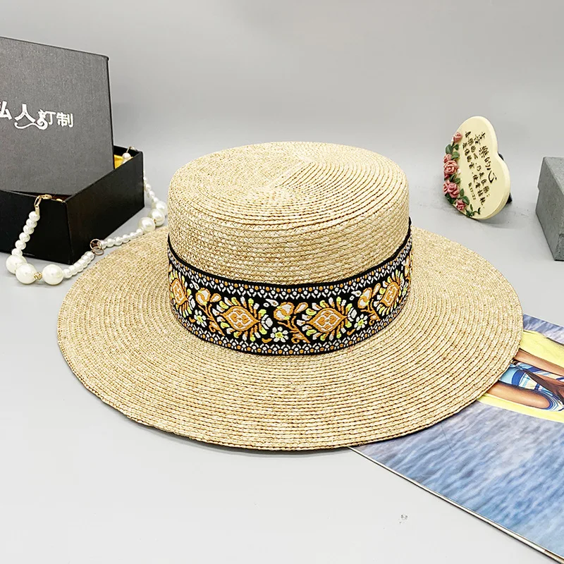 A401050 Custom Ethnic style Straw Hat flat top straw braid Summer Women Wide Brim Beach Hats
