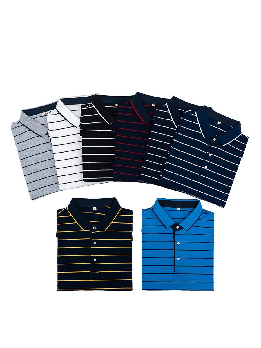 75 % Cotton 25% Polyester 3 Buttons Placket Turn Down Collar Pinstriped Shirts Custom Logo Short Sleeve Polos For Men