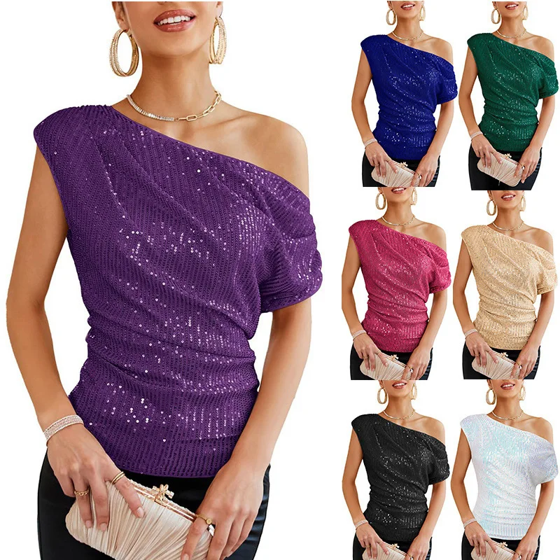Wholesale One Shoulder Sequin Sparkly Tops for Women Ruched Asymmetrical Glitter Tops Slimming Sparkle Party Shirts
