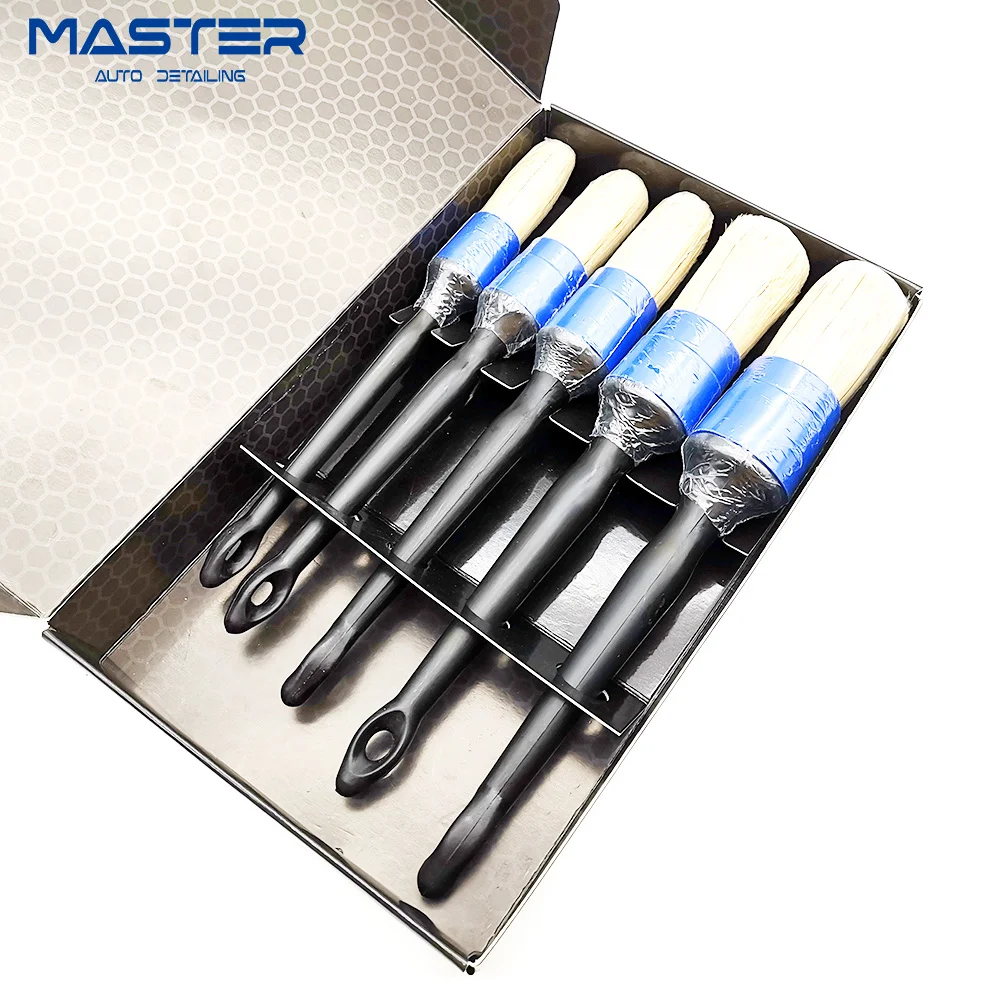 Master M71056  Natural Boar Bristle Auto Detailing Brush Set of 5 Different Sizes for Car Interior and Exterior Detailing