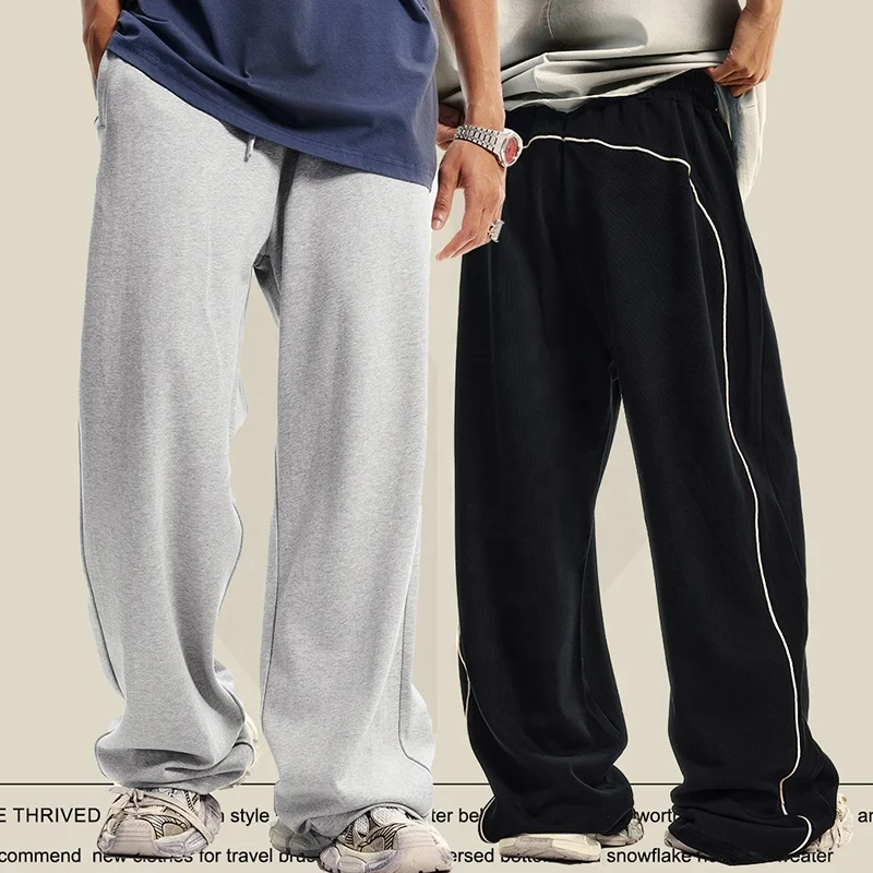 380GSM Heavyweight Loose Back with Contrasting Yarn-dyed Ribbon Design with Drawstring Elastic Belt Straight Leg Tracksuit Pants