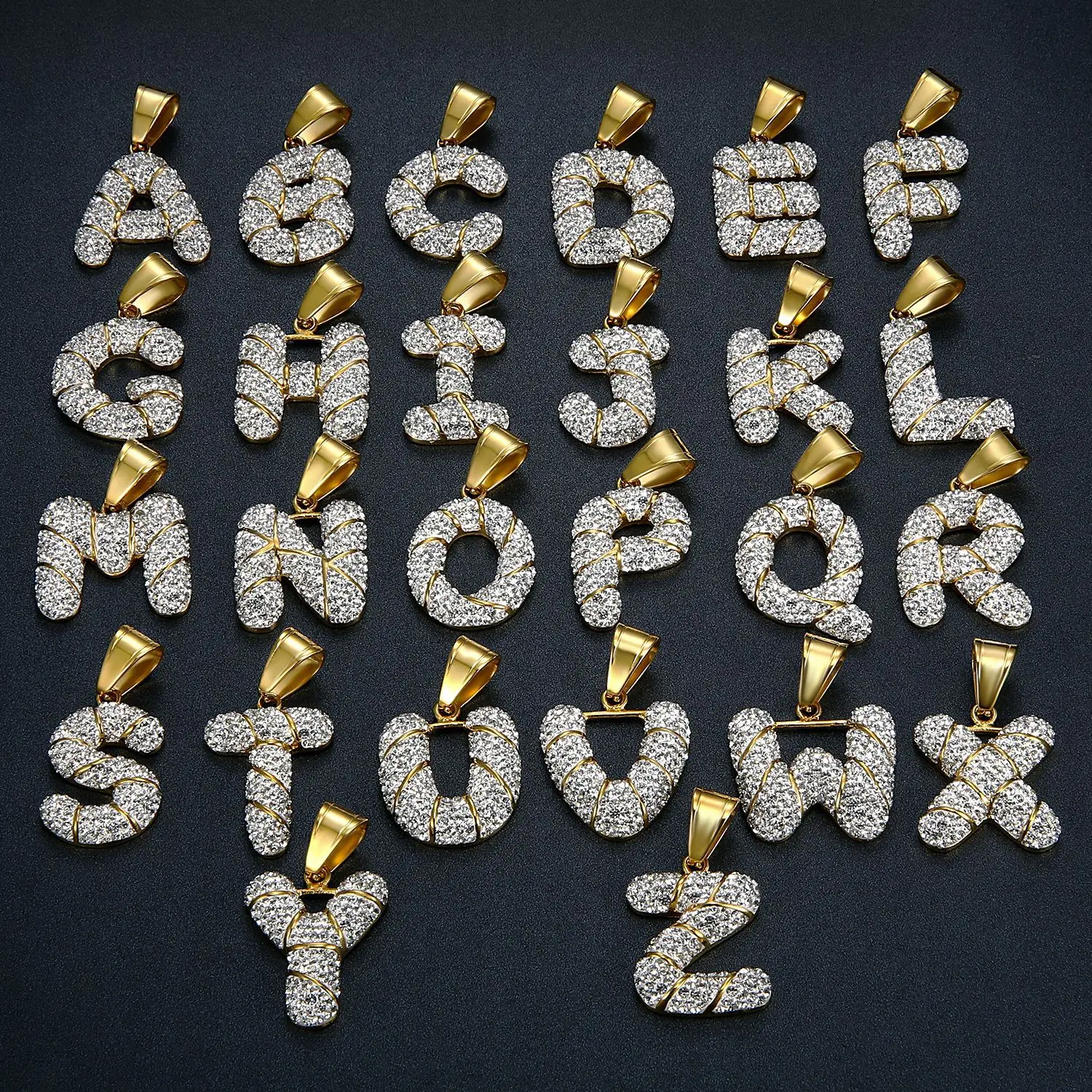 Iced out Solid gold Stainless steel initial letter pendants