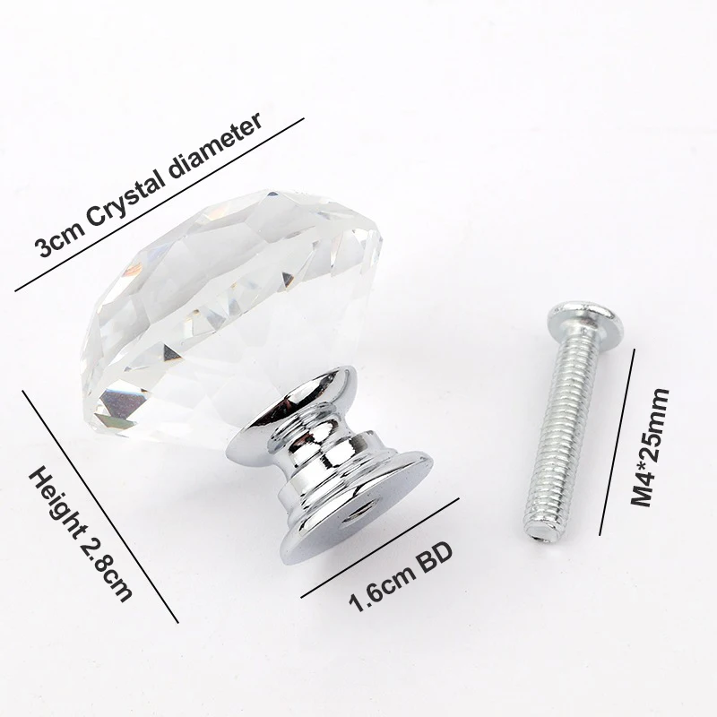 Wholesale Clear 30 mm 40mm Diamond Crystal Drawer Pulls Glass Kitchen Cabinet Knobs