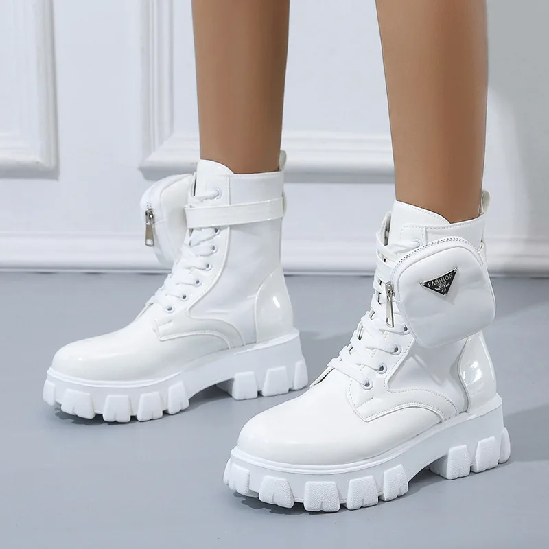 Black Punk Ankle Platform Motorcycle Boots Women Lace Up Chunky Heel Belt Buckle Designer Shoes Women Botas De Mujer